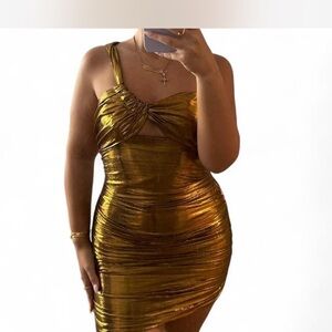 Gold Metallic one shoulder mini dress